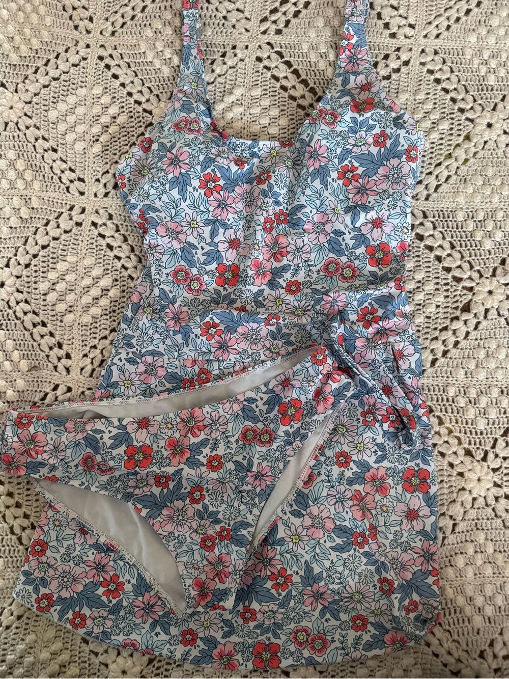 Floral Scoop Neck Women’s Swim Dress and Bikini Bottom - Pink & Blue